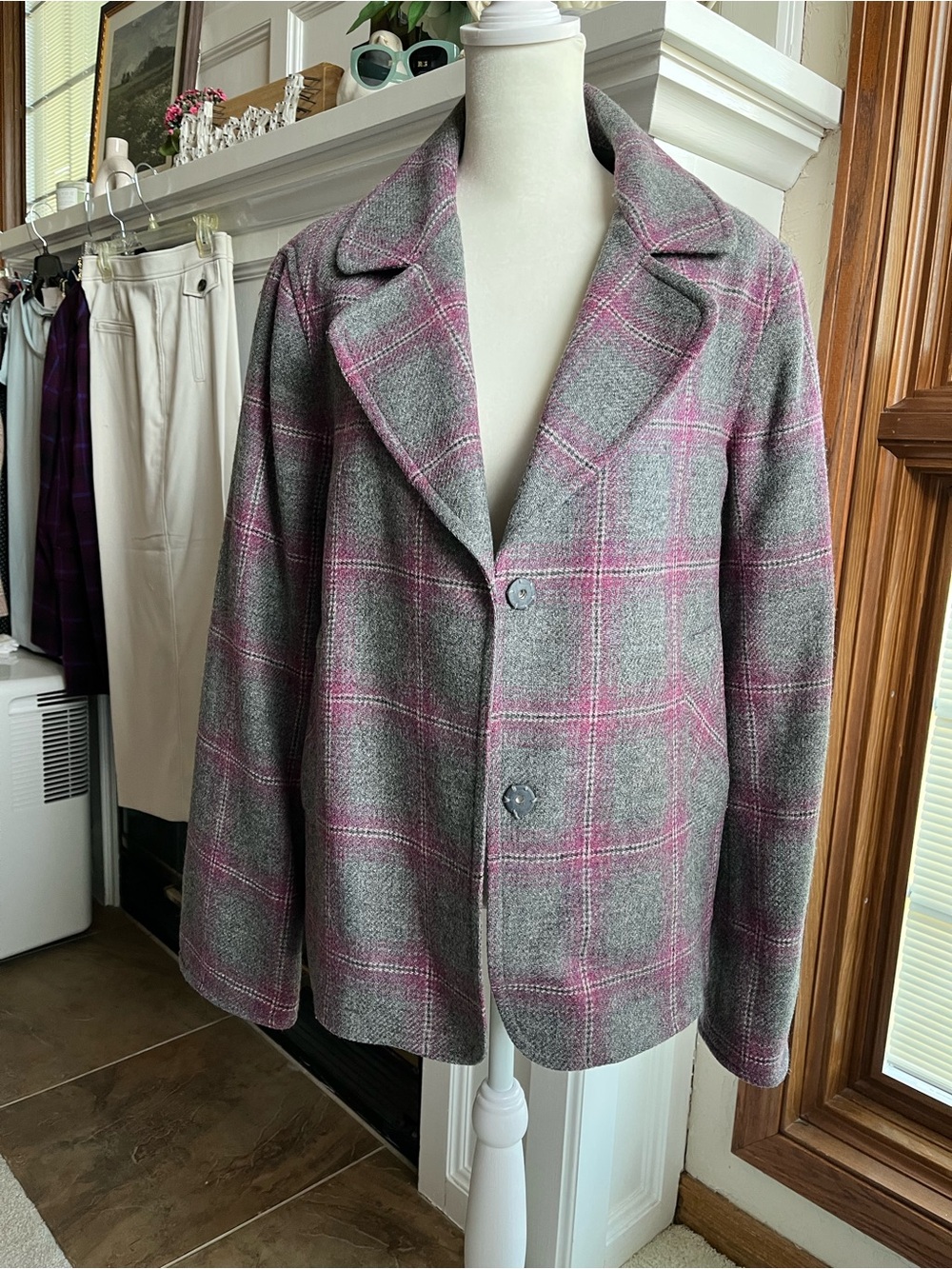 Talbots Fuchsia & Gray Plaid Wool-Blend Blazer